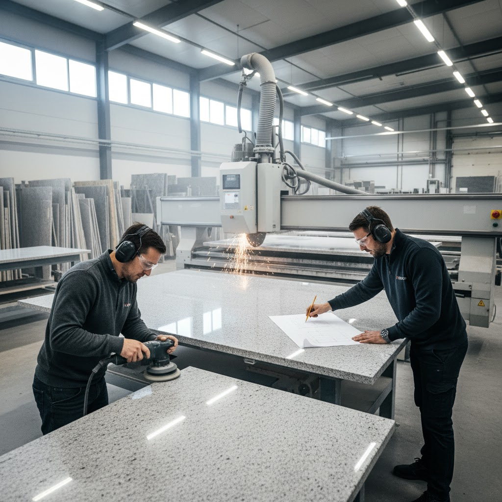 Workers crafting stone countertops indoors.