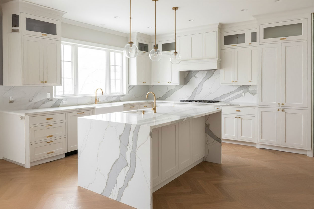 Calacatta Quartz countertops installed in a Kansas City MO kitchen
