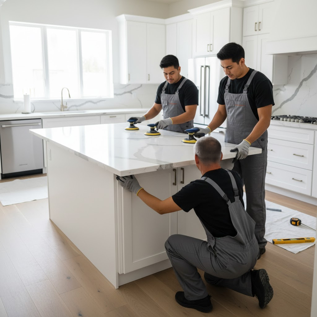 White quartz and black granite countertops installed in a Kansas City MO kitchen